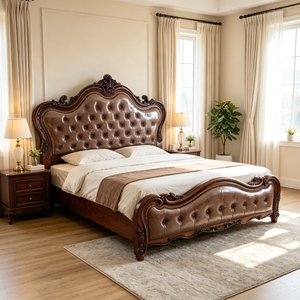 Victorian King Size Leather Upholstered Bed with Tufted Headboard and Carved Wood Frame - Product Image 4