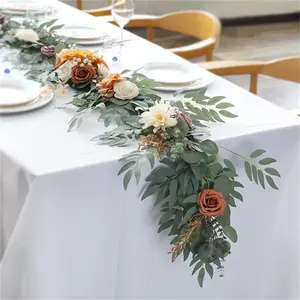 2024 New Luxury Orange Rose Wedding Desk Flower Garland White Rose Wedding Eucalyptus Table Runner Arrangement Arch Flower