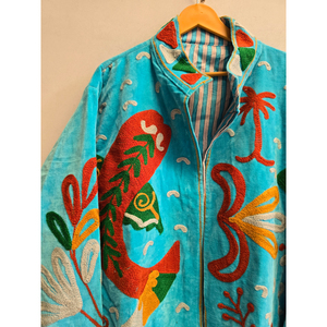 Chaqueta de Algodón Turquesa para Mujer con Cierre, Bordado Floral, Cuello Camisero, Sin Mangas, Corta, Estilo Casual de Verano - Product Image 4