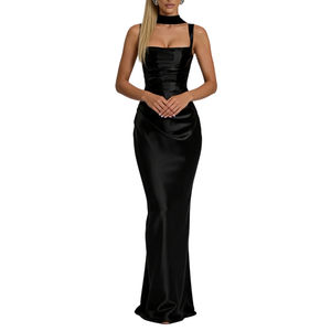 Abito lungo <span class=keywords><strong>da</strong></span> donna in raso con scollo all'americana, arricciato <span class=keywords><strong>e</strong></span> con cintura, elegante per occasioni formali, con sciarpa Sehe Fashion - Product Image 2