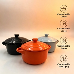 Cacerola Pequeña <span class=keywords><strong>de</strong></span> Cerámica al por Mayor con Tapa, Mini Horno Holandés para Servir Individualmente, Plato para Hornear con Tapa para Sopa - Product Image 1