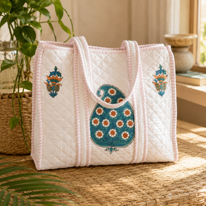 Bolsa de Mano de Algodón Bordada con Flores Estilo Bohemio, Reutilizable, con Cierre de Cremallera, para Uso Diario - Product Image 1