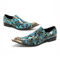 NA528 Chaussures décontractées à bout pointu en métal Motif peau de serpent Talon bloc Cuir véritable Bleu Couleurs mélangées Mocassins Slip on Nouveau