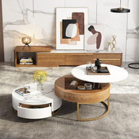 Ensemble de tables basses gigognes rondes avec plateau en marbre, en bois massif, 2 pièces, table basse relevable avec rangement, meubles modernes pour salon