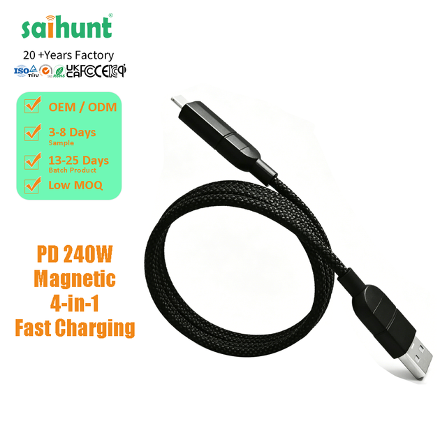 4in1 240W Magnetic USB-C Nylon Cable Anti-Tangle Flat Type-C Fast Charging Cord OEM ODM Factory