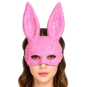 Máscara de conejito con diamantes de imitación, máscara de disfraz de fiesta con lentejuelas rosas para mujeres y niñas, eventos de baile de Halloween - Product Image 1