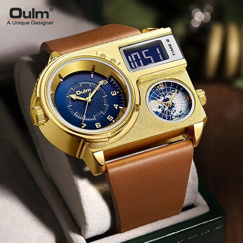 Oulm 5026 carré cadran surdimensionné hommes montres deux fuseaux horaires affichage horloge à Quartz mâle grandes montres-bracelets avec cadran carte du monde doré