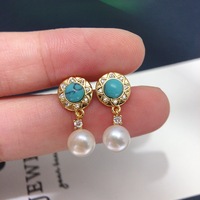 Nouvelles boucles d'oreilles pendantes en or plaqué or style palais chinois classique, turquoise, perles de culture d'eau douce blanches naturelles de 7-8 mm, mignonnes pour mariage