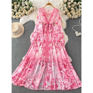 Vestido Maxi de Mujer al por Mayor, Estilo Vintage, Elegante, Estampado, con Cuello en V Profundo, Manga Campana, Abertura Alta, Cintura Alta, para Vacaciones, Fiesta, Boutique, Moda - Product Image 6