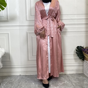 1950# New Arrival Printed Satin Open Abaya With Feather Cuff Long Sleeve Abaya Kimono With Belt 7 Colors - Product Image 3