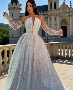 Robe de mariée S0023Y <span class=keywords><strong>pour</strong></span> femme, élégante <span class=keywords><strong>et</strong></span> moderne, avec des perles argentées, un décolleté en V profond <span class=keywords><strong>et</strong></span> des manches longues transparentes amovibles - Product Image 3