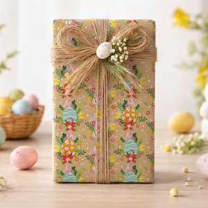 กระดาษห่อของขวัญคราฟท์ลายอีสเตอร์แบบดั้งเดิม พิมพ์ลายไข่และดอกไม้ - Product Image 3