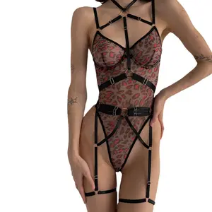 Hot Leopard Print Mesh Nightwear Sleepwear Erotic Teddy Lingerie Bodysuit With Bandage Sexy Outfits Women Lingerie