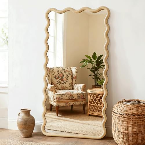 Full Length Mirror Boho Wavy Wood Floor Mirror Bedroom Living Room Cloakroom Entryway