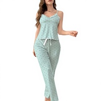 Women Casual Polka Dot Ruffled Spaghetti Strap Pajama Set Knitted Soft Sleepwear Full Length Elastic Waist Pants Spring Beach