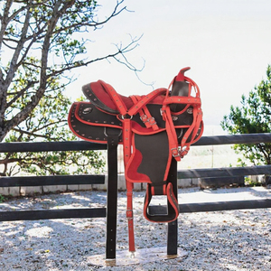 Juego de estribos para montura western en rojo y negro con logotipo personalizado para carreras de barriles y equitación - Product Image 3