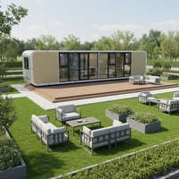 Maison capsule spatiale moderne en structure acier préfabriquée avec mur en verre, aménagement 2 chambres pour bureaux, villas et espaces de vie