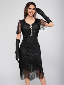 Europeo americano Retro 1920 Gatsby vestido <span class=keywords><strong>de</strong></span> baile lentejuelas borla con cuentas manga corta A-Line <span class=keywords><strong>fiesta</strong></span> silueta <span class=keywords><strong>para</strong></span> <span class=keywords><strong>Amazon</strong></span> Cross Border - Product Image 3