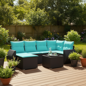 Conjunto de Sofás de Patio de Ratán Sintético Negro con Cojines, Muebles de Exterior de 7 Plazas, Diseño Moderno - Product Image 2