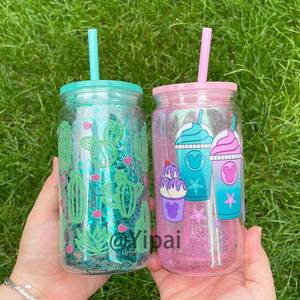 Ready to Ship 50pcs Glitter 12oz Snow Globe Plastic Can 16oz <b>Double</b> <b>Wall</b> Acrylic Snowglobe Cup Tumbler with Pre Drilled Hole - Product Image 3