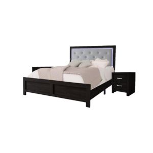 DB Modern Queen Panel Bed Doble Acabado en negro Tapicería de cuero de imitación Botón gris Cabecero de madera con mechones Iluminación de dormitorio - Product Image 4