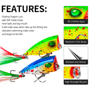 Leurre de pêche popper 43mm 4g 6 couleurs avec yeux 3D et hameçons à plumes triples, leurre de surface, appât dur - Product Image 4