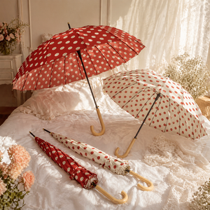 <span class=keywords><strong>Parapluie</strong></span> droit vintage à pois avec poignée en bois en forme de J, personnalisable avec logo OEM, pour femme, cadeau boutique, vente en gros - Product Image 1