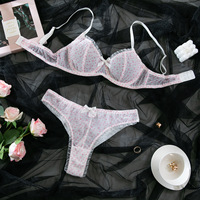 Set Bra dan Panty Sheer Mesh Seksi Romantis Wanita Pink Solid Underwire Bra Thong Panty Imut Plus Size Bernapas Pakaian Dalam Wanita
