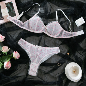 Conjunto de lencería romántica de malla transparente para mujer, sujetador con aros y bragas tipo tanga con estampado de puntos rosas, conjunto de ropa interior linda de talla grande para mujer - Product Image 5
