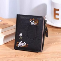 Dompet Pendek Bordir Kucing Lucu Baru Tiba Gaya Jeans Dompet Uang Ritsleting Kulit PU Dompet Lipat Dua Wanita Tempat Kartu Multi
