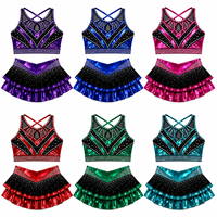 Ensemble d'uniforme de cheerleading personnalisé All Star violet et noir avec haut de soutien-gorge orné de strass métalliques, dos nageur croisé à découpe et jupe à volants