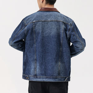 Fournisseur en gros Veste en jean pour <span class=keywords><strong>homme</strong></span>, bleu délavé classique, style trucker, col en cuir contrastant, veste de travail décontractée - Product Image 4
