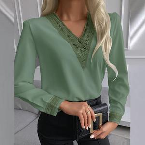Camisas de gasa de seda satinada para mujer, blusa informal de manga larga de encaje con cuello de pico bordado para otoño - Product Image 3