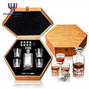 Luxury Crystal Liquor Whiskey Decanter Set with 4 Drinking Glasses & 8 Stones in Hexagonal Wooden Gift <b>Box</b> for Men Groomsmen Bar - Product Image 1