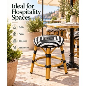 Woven Rattan Stool Black White Geometric Seat <b>Wood</b> Legs Round Footrest Ring Outdoor Tropical <b>Footstool</b> USA DDP Price - Product Image 4