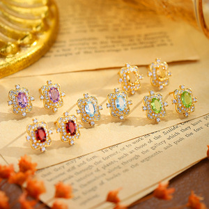 Boucles d'oreilles clous vintage en argent sterling 925 plaqué or, pierres naturelles ovales 4*6mm, grenat et topaze, motif floral, cadeau pour mariage et fête - Product Image 3