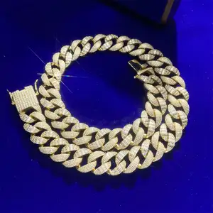 Wholesaler Fine Jewelry Real Silver Rhodium Iced Out Lock Baguette Moissanite Cuban Link Chains