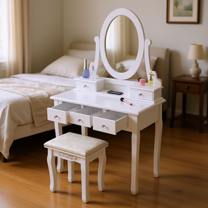 Juego de tocador Db con espejo, 5 cajones de almacenamiento, diseño tradicional blanco para dormitorio, maquillaje y vestidor - Product Image 2