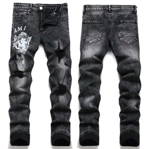 Jeans <span class=keywords><strong>Skinny</strong></span> Elasticizzati Neri Strappati da <span class=keywords><strong>Uomo</strong></span> RUICHI - <span class=keywords><strong>Pantaloni</strong></span> in Denim con Stampa Angelo per Moda Streetwear - Product Image 1