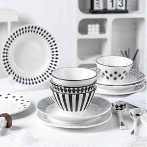 Juego de Vajilla de Cerámica Nórdica Hepburn en Blanco y Negro con Diseño Geométrico de Puntos, Rayas y Rombos para el Hogar o Restaurantes Occidentales - Product Image 1