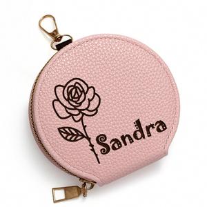 Leather Square Fashion Coin Purse Custom <b>Engraved</b> Name Flower Design Small Zippered <b>Wallet</b> Keychain Daily Use Custom Brand - Product Image 3