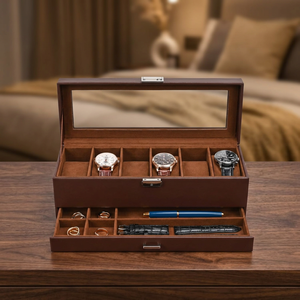 Leatherette Rectangle <b>Watch</b> Box Organizer with Drawer Faux Suede Interior Multifunction Storage <b>Case</b> for <b>Watches</b> Rings Pens - Product Image 2