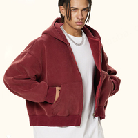 Sudadera con capucha de lana para hombre de algodón 350 Gsm de peso pesado con logotipo personalizado, cremallera completa, ajuste cuadrado, lavado de gran tamaño, recortada, Otoño, estilo informal, con capucha