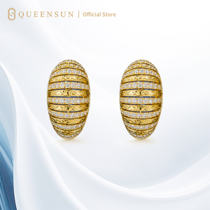 Pendientes <span class=keywords><strong>de</strong></span> Oro Sólido <span class=keywords><strong>de</strong></span> 9K con Diamantes en Forma Ovalada, Diseño Acanalado con Pavé Diagonal, Clip Francés, Pendientes <span class=keywords><strong>de</strong></span> Lujo <span class=keywords><strong>para</strong></span> <span class=keywords><strong>Mujer</strong></span> - Product Image 1