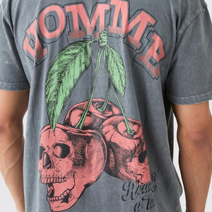 T-shirt vintage surdimensionné pour homme avec imprimé crâne et cerise, logo au dos, manches courtes, col rond, jersey de coton, style streetwear - Product Image 3