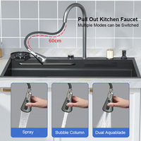 Robinet d'évier de cuisine multifonction en acier inoxydable 304 noir cascade pluie ensemble d'évier de cuisine
