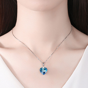 S925 conjunto de cristal en forma de corazón de plata esterlina collar con colgante de corazón azul para mujer - Product Image 3