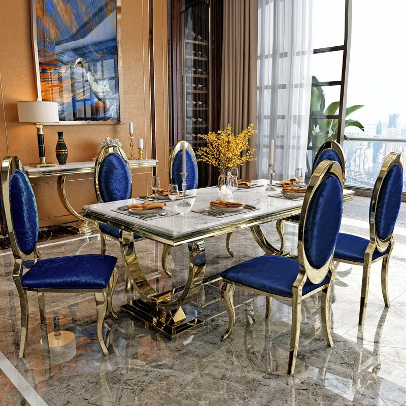 Luxury Stylish gold dining table sets with stainless steel dining table and chair for dining room furniture