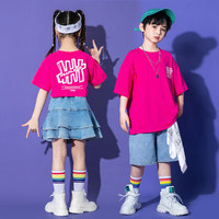 Kostum Tari Hip Hop Anak-anak Kaus Grafis Ukuran Besar Fuchsia Celana Pendek Jeans Biru Set Perlengkapan Pakaian Pertunjukan Jalanan Anak-anak