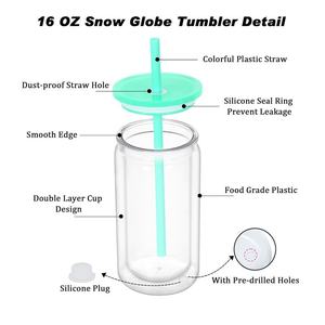 Vaso Snowglobe con agujero preperforado, vaso acrílico Snow Globe de 16 oz, vasos de plástico transparente de doble pared con tapas y pajitas - Product Image 3